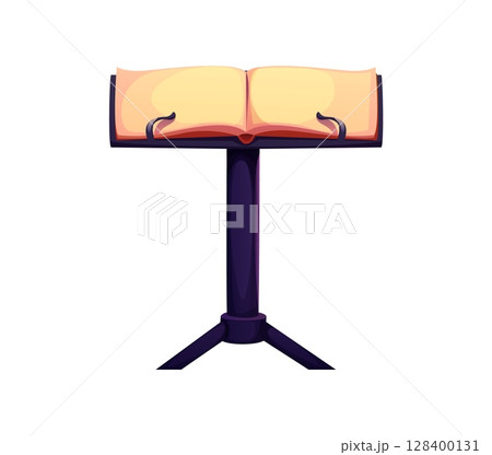 Cartoon musical font letter T as a stand with an open book of sheet music on top. Entertainment funny type English alphabet. Isolated vector lectern musician equipment abc character, typography symbol 128400131