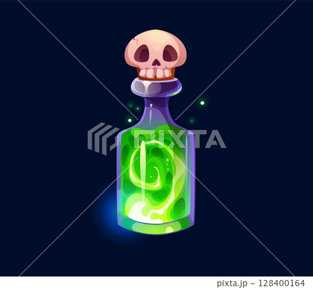 Witch magic potion bottle, Halloween elixir or poison with death elixir. Cartoon vector magic glass flask glows with an eerie green liquid, casting a magical aura and skull cap adds danger and mystery Witch magic potion bottle, Halloween elixir or poison with death elixir. Cartoon vector magic glass flask glows with an eerie green liquid, casting a magical aura and skull cap adds danger and mystery 128400164