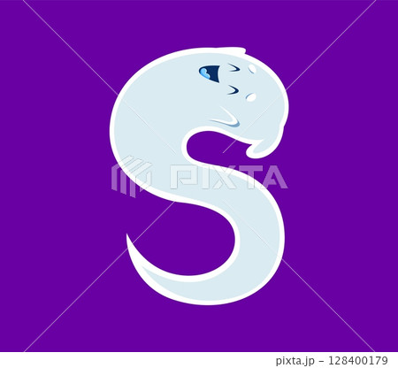 Halloween font S letter ghost cartoon happy character. Scary spirit personage latin alphabet symbol, horror ghost mascot or spooky phantom character English ABC vector letter. Font typeset element Halloween font S letter ghost cartoon happy character. Scary spirit personage latin alphabet symbol, horror ghost mascot or spooky phantom character English ABC vector letter. Font typeset element 128400179