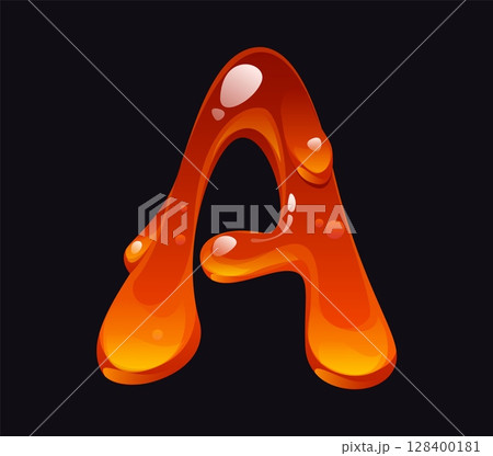 Liquid honey cartoon font letter A. Sweet candy typeset element, tasty honey cartoon vector sign. Yellow caramel ABC type symbol or liquid amber flow English alphabet font letter 128400181