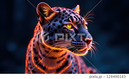 Illuminated energy jaguar, glowing outlines, artistic tech style feline portrait 128400183