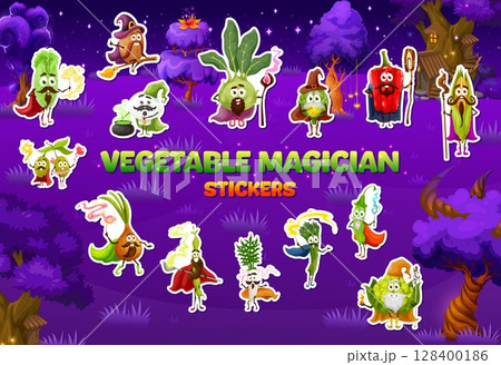 Stickers pack of vegetable mages and sorcerers, wizards and witches characters. Farm fresh vegetables sorcerers vector stickers with salad, potato and kohlrabi, artichoke, bell pepper and corn, onion Stickers pack of vegetable mages and sorcerers, wizards and witches characters. Farm fresh vegetables sorcerers vector stickers with salad, potato and kohlrabi, artichoke, bell pepper and corn, onion 128400186