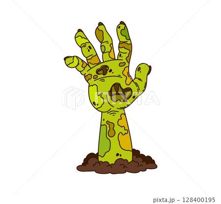 Cartoon groovy Halloween zombie hand holiday horror night, vector symbol. Groovy zombie hand reaching out from tomb or grave of cemetery with rotten skin and bones for Halloween spooky boo monsters 128400195