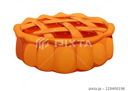 Cartoon pie with a golden lattice crust and fruit or berries filling, Happy Thanksgiving holiday and harvest symbol. Vector dessert, baked food or bakery. Strawberry, raspberry or cherry sweet tart 128400196