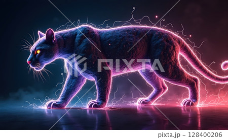 "A glowing jaguar made of flowing neon lines and abstract shapes, side profile, dark background. "A glowing jaguar made of flowing neon lines and abstract shapes, side profile, dark background. 128400206