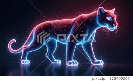 "A glowing jaguar made of flowing neon lines and abstract shapes, side profile, dark background. "A glowing jaguar made of flowing neon lines and abstract shapes, side profile, dark background. 128400207