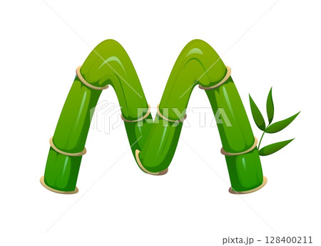 Garden bamboo plant font letter M. Japan garden nature and eco type letter, jungle plant isolated cartoon vector English alphabet typeset sign. China tropical forest bamboo branch font symbol 128400211