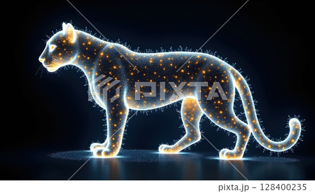 Mystical jaguar outlined with glowing fractal vines and golden blue light, side view portrait Mystical jaguar outlined with glowing fractal vines and golden blue light, side view portrait 128400235