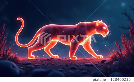 Artistic jaguar illustration with luminous flowing lines, glowing energy and twilight tones Artistic jaguar illustration with luminous flowing lines, glowing energy and twilight tones 128400236