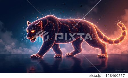 Artistic jaguar illustration with luminous flowing lines, glowing energy and twilight tones Artistic jaguar illustration with luminous flowing lines, glowing energy and twilight tones 128400237