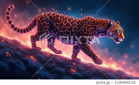 Artistic jaguar illustration with luminous flowing lines, glowing energy and twilight tones Artistic jaguar illustration with luminous flowing lines, glowing energy and twilight tones 128400238