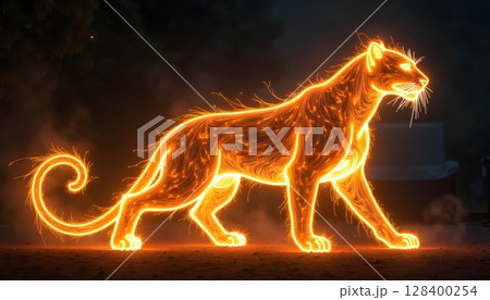 Elegant panther formed with light strokes and fire-like swirls, fantasy animal art Elegant panther formed with light strokes and fire-like swirls, fantasy animal art 128400254