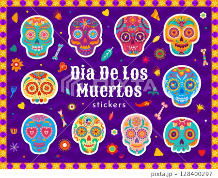 Day of the Dead sugar calavera skeleton skulls stickers pack, cartoon vector set. Mexican holiday fiesta Dia De Los Muertos stickers of calavera skulls with marigold flowers and chili peppers ornament Day of the Dead sugar calavera skeleton skulls stickers pack, cartoon vector set. Mexican holiday fiesta Dia De Los Muertos stickers of calavera skulls with marigold flowers and chili peppers ornament 128400297