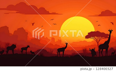 Stylized savanna wildlife scene at sunset, filled with animal silhouettes and a dreamy colored sky Stylized savanna wildlife scene at sunset, filled with animal silhouettes and a dreamy colored sky 128400327