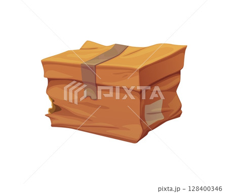 Damaged and crumpled package cardboard box. Ripped dirty delivery package, broken crushed isolated cartoon vector shipping container. Damaged crumpled cargo parcel or destroyed wet cardboard paper box 128400346