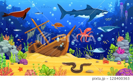 Cartoon sea animals at underwater landscape with fishes and sunken ship, vector background for game. Shark and octopus with turtle in undersea or ocean water with shipwreck in underwater landscape 128400363