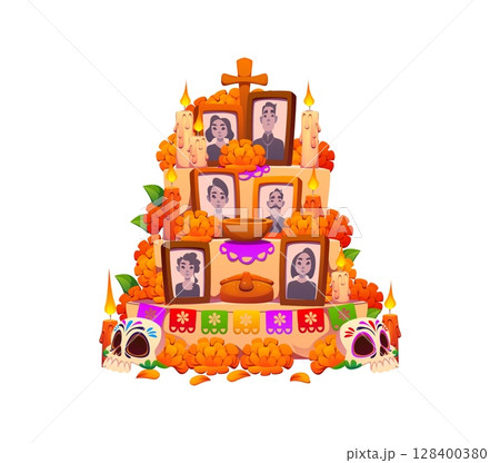 Cartoon day of the dead dia de los muertos mexican ofrenda altar adorned with traditional marigolds, candles, skulls and framed photos, it reflects the rich cultural heritage and ancestral remembrance Cartoon day of the dead dia de los muertos mexican ofrenda altar adorned with traditional marigolds, candles, skulls and framed photos, it reflects the rich cultural heritage and ancestral remembrance 128400380