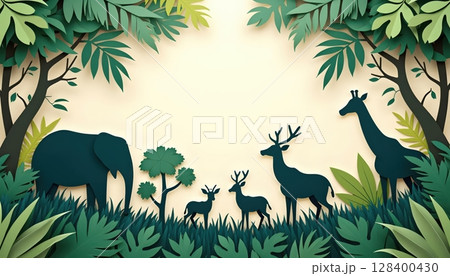 Jungle paper art with wildlife silhouettes, cutout style animals including elephant, giraffe, deer and tropical plants 128400430