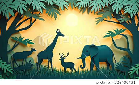 Jungle paper art with wildlife silhouettes, cutout style animals including elephant, giraffe, deer and tropical plants 128400431
