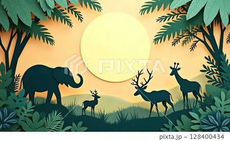 Jungle paper art with wildlife silhouettes, cutout style animals including elephant, giraffe, deer and tropical plants 128400434