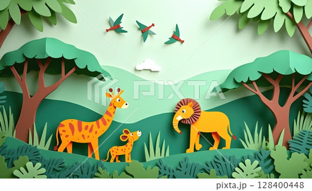Handmade paper jungle with African animals, soft green tones, layered paper plants and flying birds 128400448