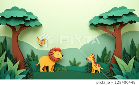 Handmade paper jungle with African animals, soft green tones, layered paper plants and flying birds 128400449