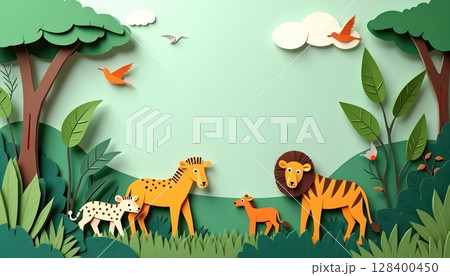 Handmade paper jungle with African animals, soft green tones, layered paper plants and flying birds 128400450