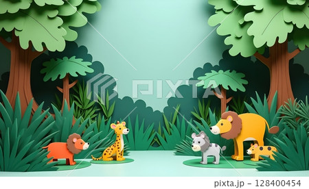 Playful jungle landscape made of paper cutouts, with wildlife figures and decorative greenery 128400454