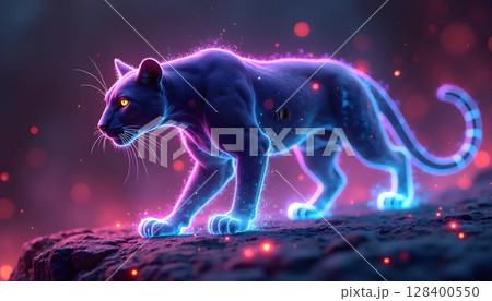 High-tech panther portrait in pink and cyan neon lights, glowing eyes and deep shadows High-tech panther portrait in pink and cyan neon lights, glowing eyes and deep shadows 128400550