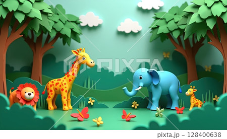 Green forest made from paper craft with animals like giraffe, elephant, and butterflies, 3D layered effect 128400638