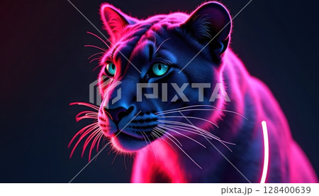 "Dark neon panther with glowing pink and blue eyes, futuristic cyberpunk animal portrait 128400639