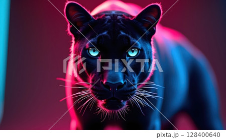 "Dark neon panther with glowing pink and blue eyes, futuristic cyberpunk animal portrait 128400640