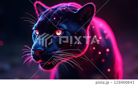 "Dark neon panther with glowing pink and blue eyes, futuristic cyberpunk animal portrait 128400641