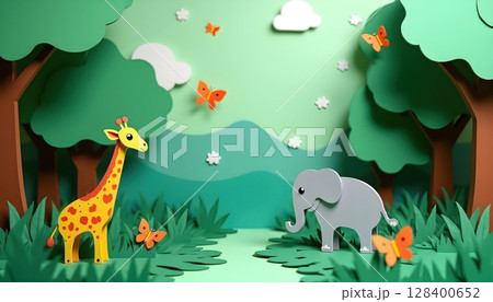 Green forest made from paper craft with animals like giraffe, elephant, and butterflies, 3D layered effect 128400652