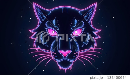 Digital art of a futuristic glowing panther, vivid light trails and fierce expression 128400654