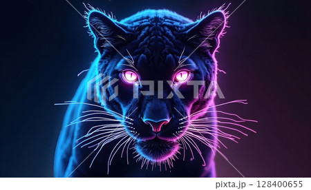Digital art of a futuristic glowing panther, vivid light trails and fierce expression 128400655