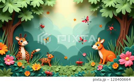 Cute and artistic jungle scenery made of textured paper layers, wildlife and insects in harmony 128400664