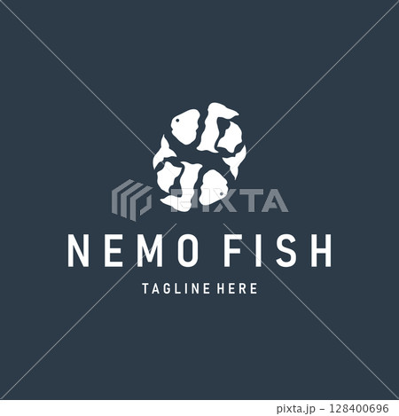 Nemo fish logo with simple minimalist concept of beautiful aquarium ornamental fish, designed as a symbol illustration template for brand and poster 128400696