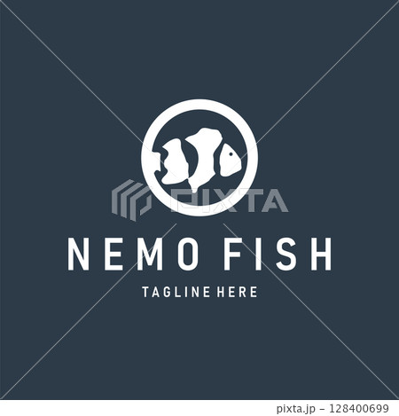 Nemo fish logo with simple minimalist concept of beautiful aquarium ornamental fish, designed as a symbol illustration template for brand and poster 128400699