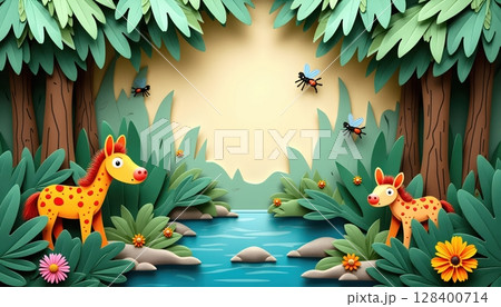 Cute and artistic jungle scenery made of textured paper layers, wildlife and insects in harmony 128400714