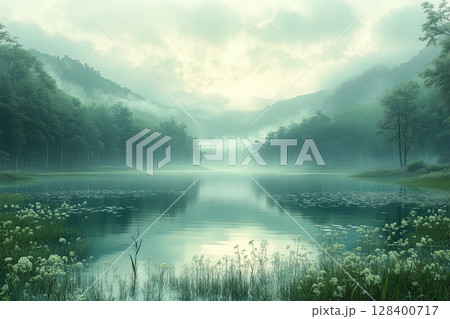 緑の谷に広がる神秘的な湖畔の風景 緑の谷に広がる神秘的な湖畔の風景 128400717