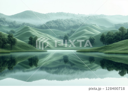 緑の谷に広がる神秘的な湖畔の風景 緑の谷に広がる神秘的な湖畔の風景 128400718
