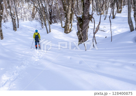 森の新雪をスノーシューで楽しむイメージ 大山木谷沢渓流 森の新雪をスノーシューで楽しむイメージ 大山木谷沢渓流 128400875