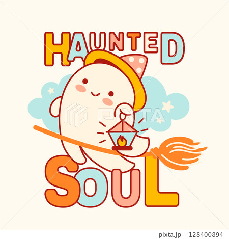 Playful print with a cute ghost character in a witch hat, holding a lantern. Naive and spooky Halloween-themed or fall baby party decoration 128400894