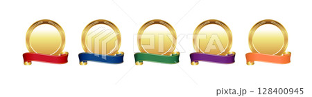 5色のリボン付き金メダルセット（赤・青・緑・紫・オレンジ）／表彰・受賞・アイコン素材 128400945