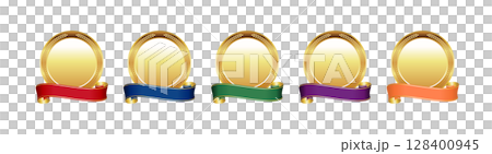 5色のリボン付き金メダルセット（赤・青・緑・紫・オレンジ）／表彰・受賞・アイコン素材 128400945