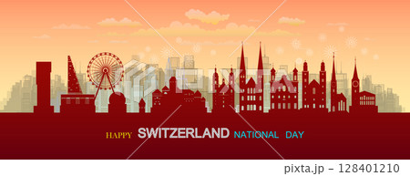 Travel landmarks Switzerland with silhouette architecture background, Switzerland Day anniversary celebration and tour Swiss landmark to Zurich with panorama view popular capital. Travel landmarks Switzerland with silhouette architecture background, Switzerland Day anniversary celebration and tour Swiss landmark to Zurich with panorama view popular capital. 128401210