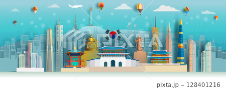 Illustration travel south Korea independence day anniversary and celebration. Tour landmarks south Korea with architecture background,  Travel landmark to seoul in Asia with panorama view. 128401216