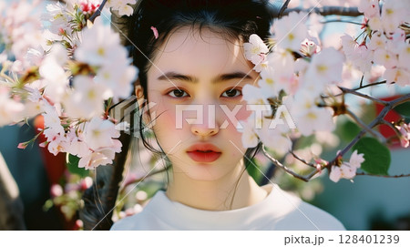 桜に囲まれた美しい日本人女性ポートレート 桜に囲まれた美しい日本人女性ポートレート 128401239