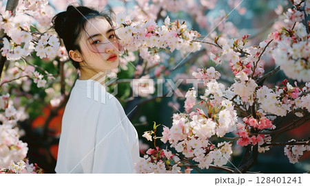 桜に囲まれた美しい日本人女性ポートレート 128401241